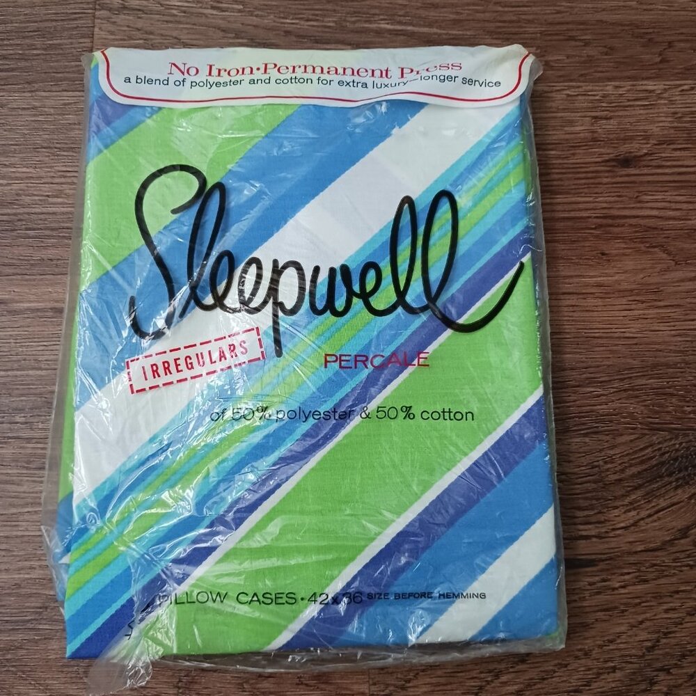 Vintage Sleepwell Percale 2 Standard Pillowcases Striped MCM Green Blue